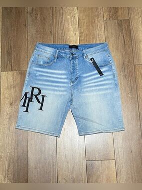 Amiri Mens Light Blue Jean Shorts with Black Logo Waist Size 36 Brand New